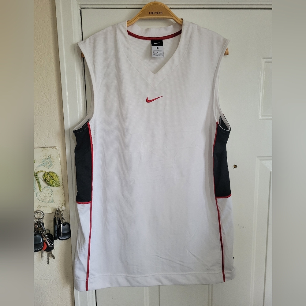 Nike White and Black Sleeveless Sports Top Jersey 90s Swoosh Medium Mens